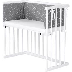 Dreamgood Cuna Colecho Haya Lacado Blanco | Colchón Prime Air | Nido, Gris Diamante Moteado Estrellas Blanco